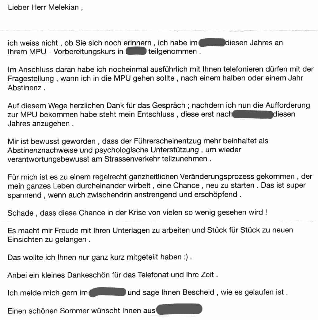 MP - Danke-Brief nach dem MPU-Seminar